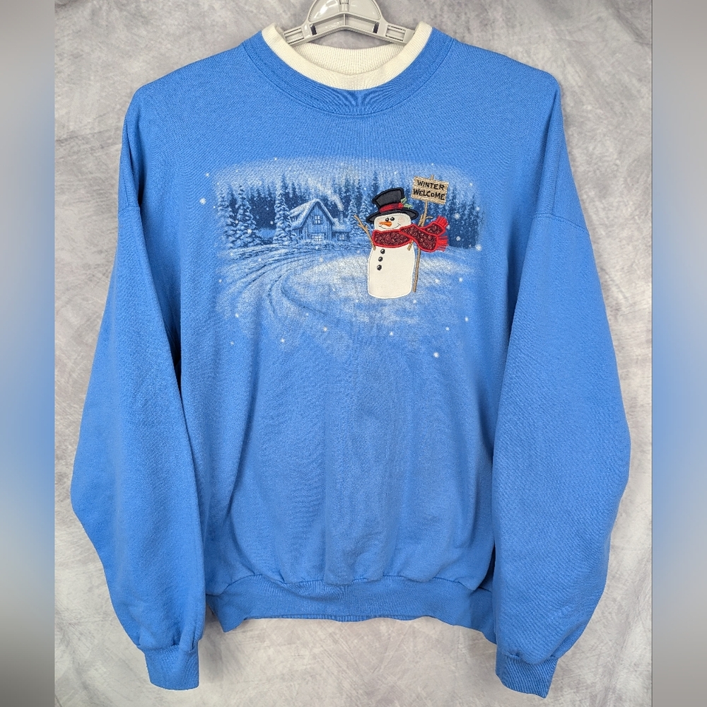 Top Stitch XL Snowman Sweatshirt Double Collar Embroidered Sky Blue